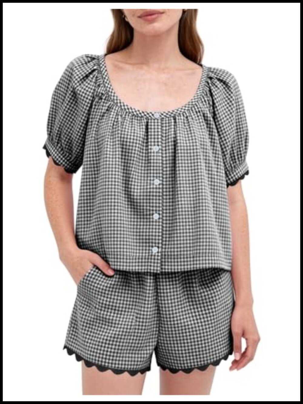 Gingham Pajama Set 2 Piece Cotton Puff Sleeve Scoop Neck Scalloped Trim